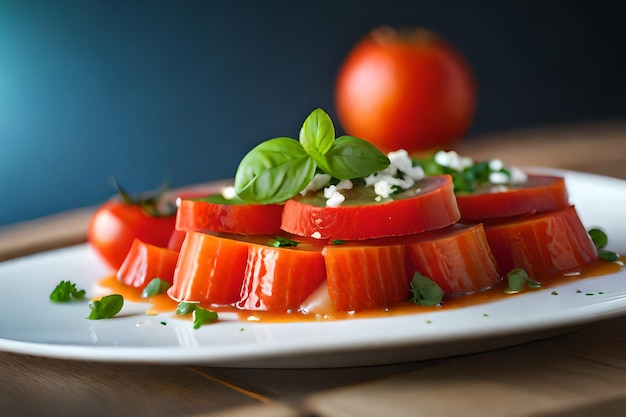 Une assiette de tomates avec du basilic sur le dessus