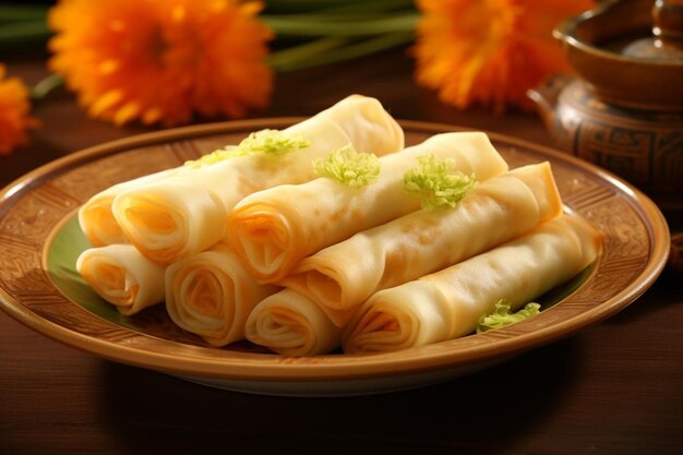 Photo une assiette de tortillas avec un plateau de rouleaux dessus