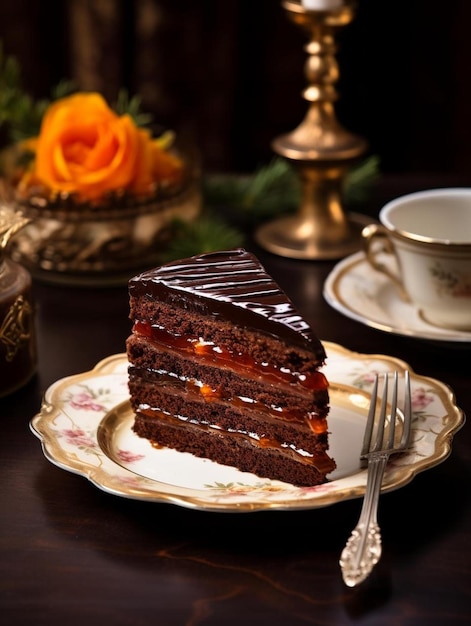 une assiette avec une tranche de gâteau et une tasse de café.