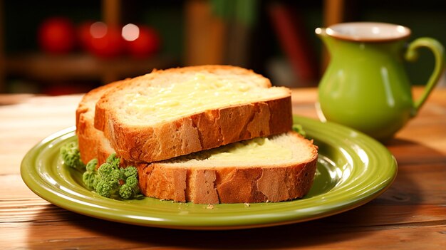 Une assiette avec une tranche de pain sur fond vert