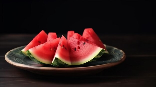 Une assiette de tranches de pastèque sur fond sombre