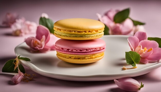 une assiette avec trois macaronis roses et jaunes et des macarons roses