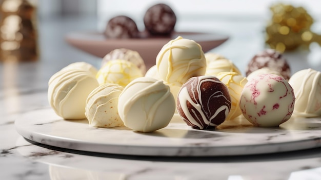 Une assiette de truffes au chocolat avec une assiette de chocolats dessus