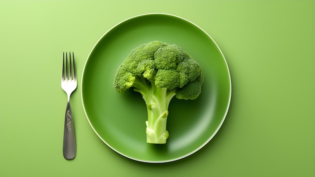 Une assiette verte avec du brocoli dessus et une fourchette sur fond vert