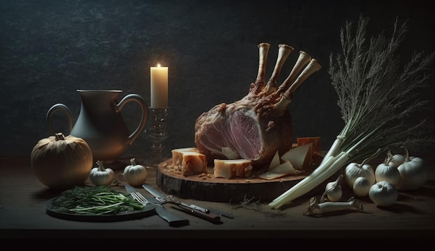 Une assiette de viande d'agneau avec une assiette bleue avec une assiette de nourriture dessus