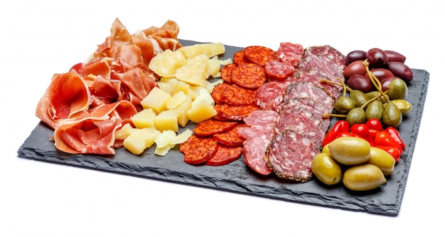 Assiette de viande et fromage avec saucisse salami, chorizo, parme et parmesan