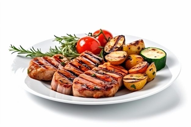 Photo une assiette de viande et de légumes sur une assiette blanche