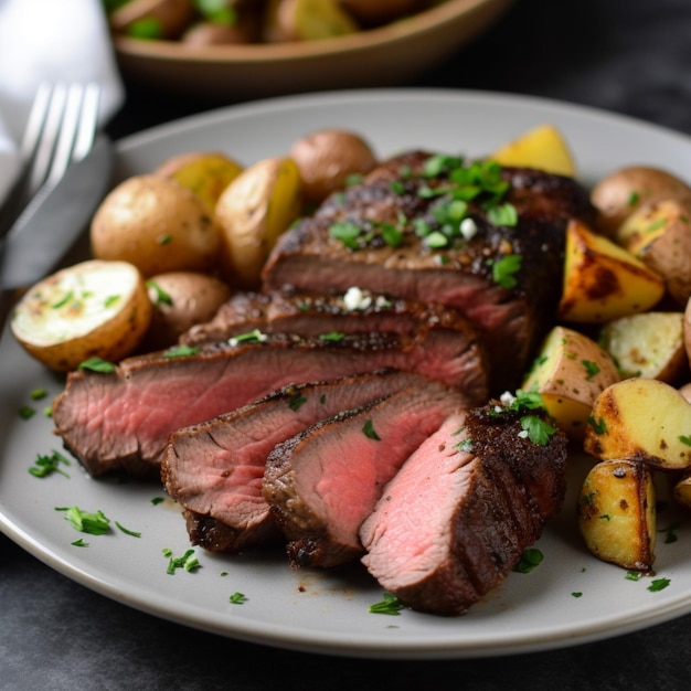 Une assiette de viande avec des pommes de terre et du persil dessus