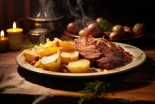 une assiette de viande et de pommes de terre sur une table