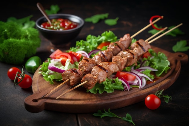 Une assiette de viande avec une salade et des tomates dessus