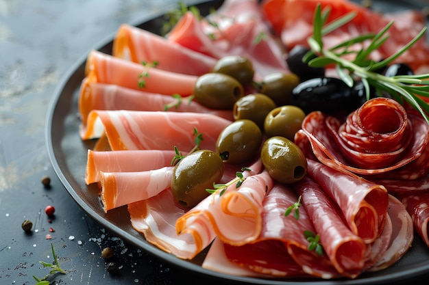 Une assiette de viandes et d'olives sur une table avec une brindille de romarin sur la nourriture professionnelle supérieure