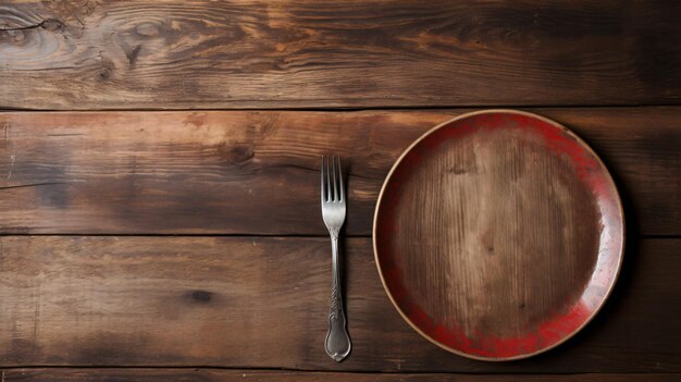 Assiette et vieux couverts sur une vue de dessus de fond en bois