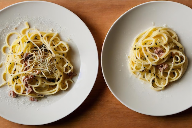 Assiettes de délicieux spaghetti carbonara avec tranches de bacon et sauce