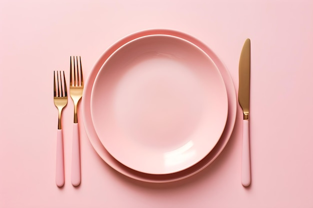Assiettes et fourchettes roses sur fond rose