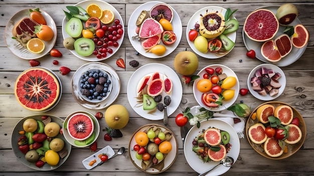 Assiettes de fruits sains sur une table en bois blanc rustique Gros plan vue de dessus horizontale