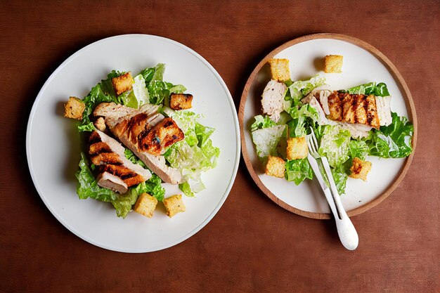 Assiettes de salade césar au poulet végétal sur table en bois