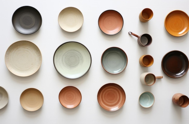 des assiettes et des tasses en céramique de couleurs différentes disposées sur une table blanche