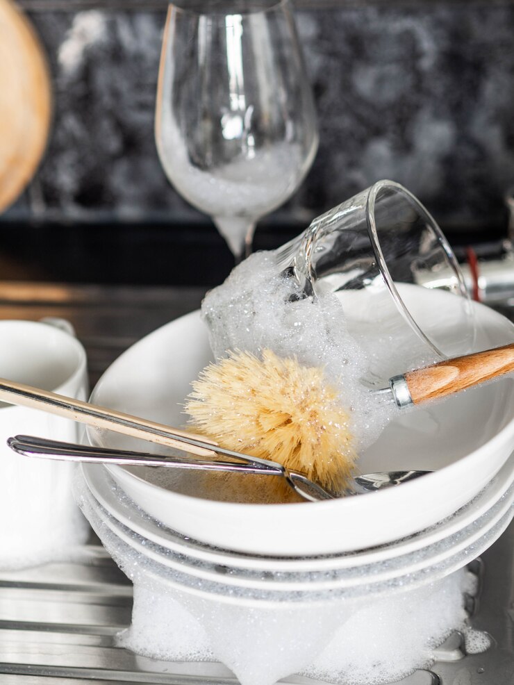 Assiettes, verres à vin, tasses en mousse savonneuse sur l'évier de la cuisine