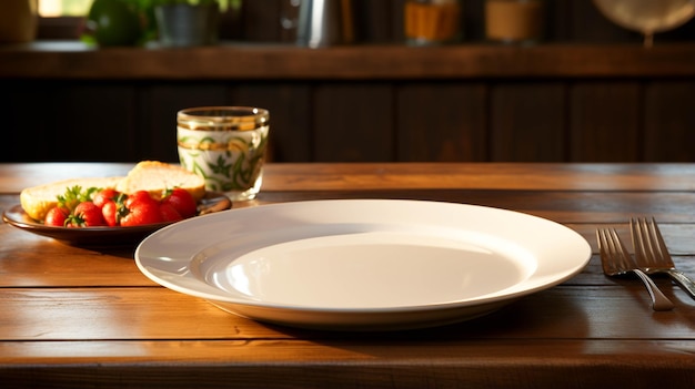 Assiettes vides blanches avec fourchette et cuillère sur une table