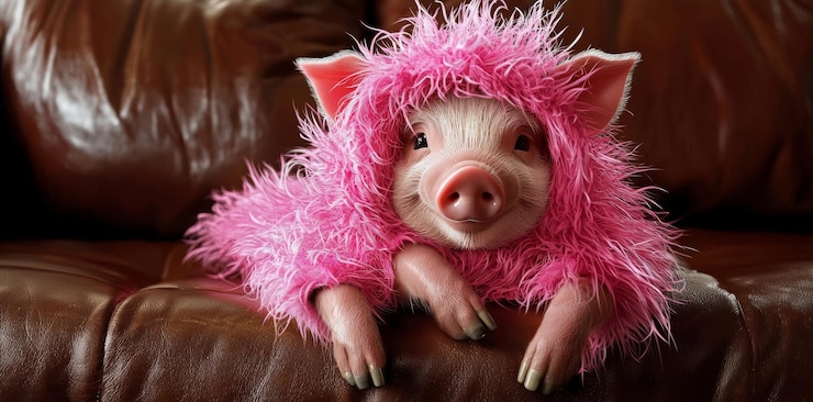 Photo assis sur un canapé, un mignon cochon rose porte un pull chaud et moelleux rose.