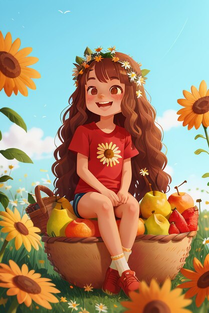 Photo assis sur l'herbe avec des fleurs belle fille cueillant des champignons fond d'écran illustration