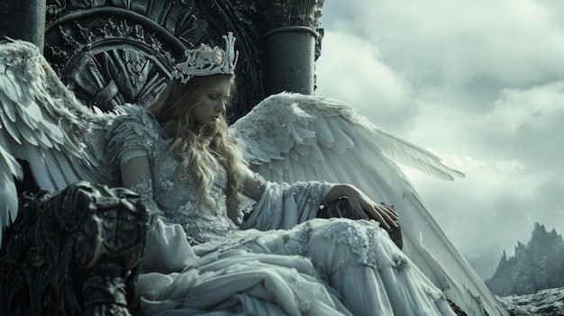 Assis sur un trône d'os un ange royal avec des ailes d'ivoire et une couronne de gl surveilles brisées