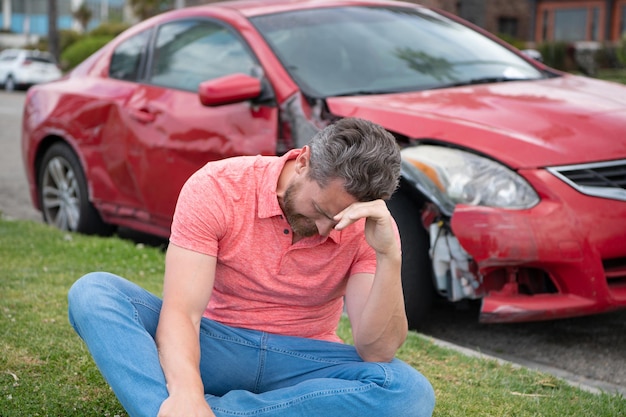 Assistance d'un homme triste et déprimé avec une voiture cassée sur la route