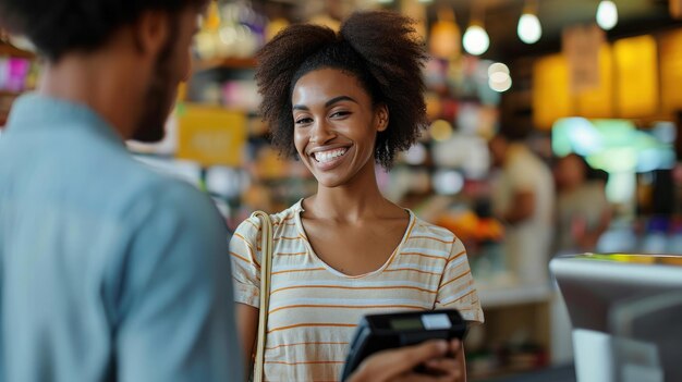 Assistant commercial avec lecteur de carte de crédit sur tablette numérique