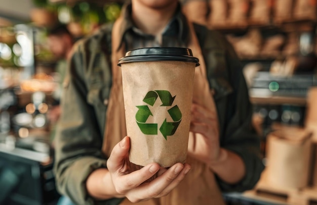 Un assistant de magasin donne une plante avec un pot recyclable