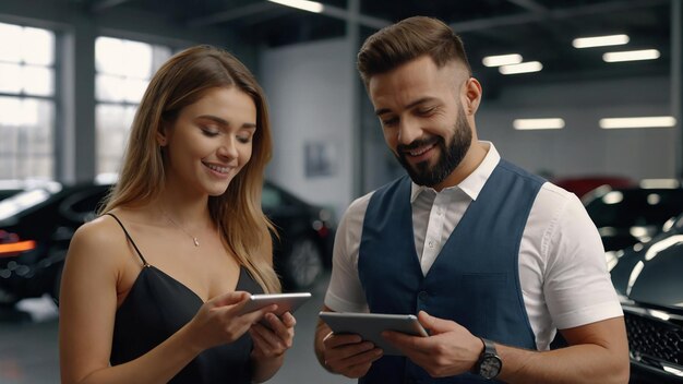 Photo assistant de magasin expliquant aux options de voiture d'un client féminin