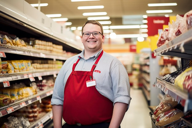 Photo assistant de magasin avec syndrome de down posant devant la caméra