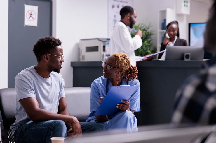 Photo assistant médical examinant un jeune homme dans le hall de la zone d'attente, prenant des notes sur les rapports pour donner des médicaments avec un soutien d'assurance. patient et infirmière faisant une consultation de contrôle dans la salle d'attente.