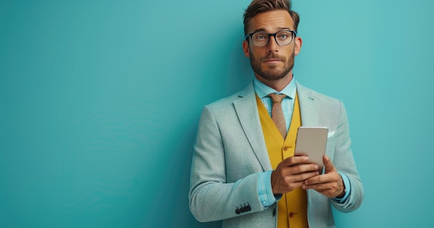 Un assistant personnel en tenue d'affaires tenant un calendrier et un smartphone debout dans un fond de couleur solide photoréaliste de bureau