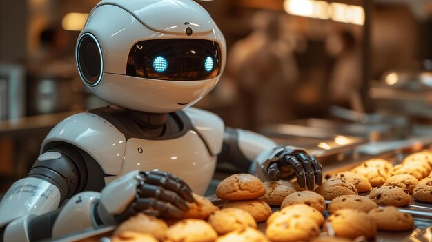 Photo un assistant robot mignon prépare de délicieux biscuits pour le dîner dans la cuisine