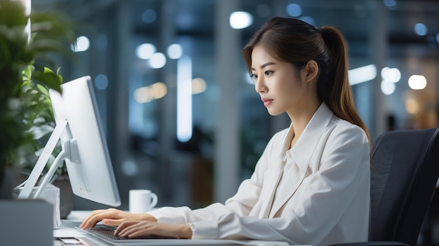 Photo assistante exécutive femme tapant sur l'ordinateur sur le lieu de travail ai généré du papier peint d'image