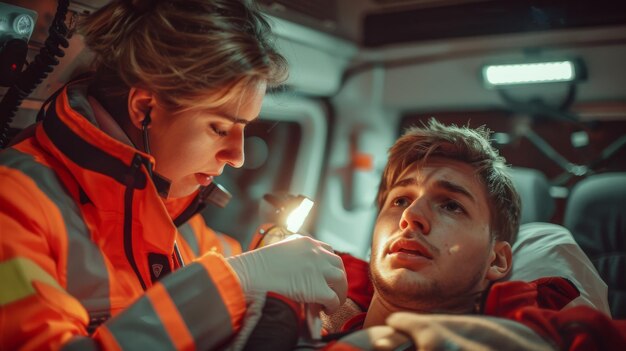 Photo assistante de soins d'urgence utilisant une lampe de poche sur un jeune homme malade avec un collier au cou dans une ambulance en route pour l'hôpital de soins de santé avec un patient blessé une femme ambulancière monte dans l'ambulance avec un patient malade