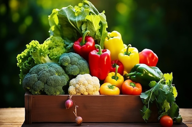 Un assortiment abondant de légumes fraîchement cueillis dans une boîte en bois sur une table extérieure trempée de soleil