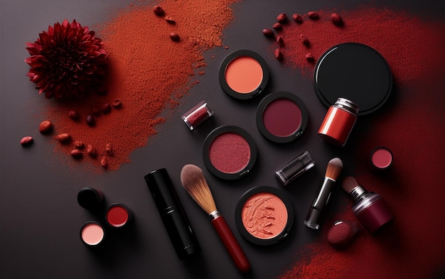 Assortiment Arafed de produits de maquillage sur une surface noire avec ai génératif de poudre rouge