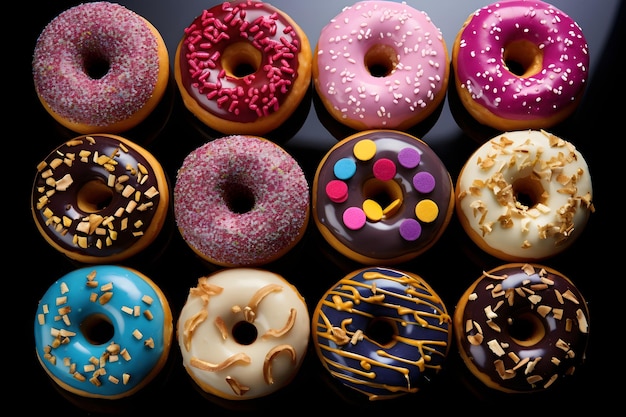 Photo assortiment de beignets glacés sucrés, colorés et délicieux