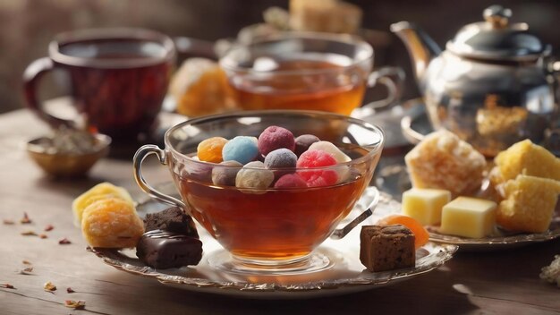 Assortiment de bonbons et de tasse de thé