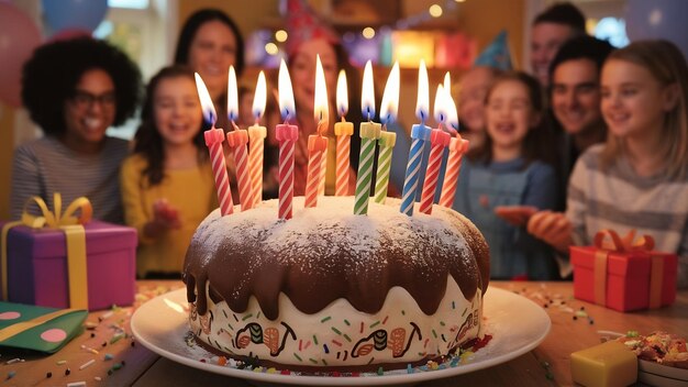 Assortiment avec bougies d'anniversaire et gâteau