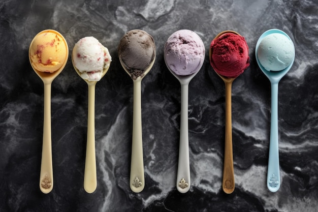 Un assortiment de boules de glace aux différentes saveurs et couleurs créées avec l'IA générative