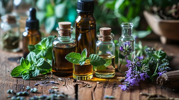 Assortiment de bouteilles d'huiles essentielles avec des herbes fraîches focalisation sélective IA générative