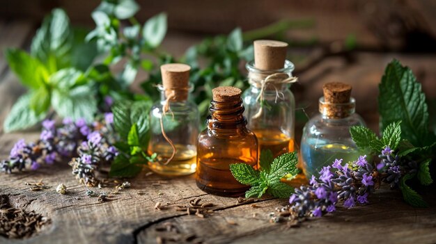 Assortiment de bouteilles d'huiles essentielles avec des herbes fraîches focalisation sélective IA générative