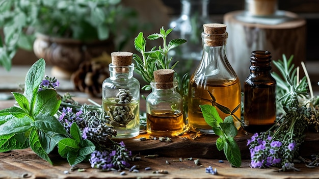 Assortiment de bouteilles d'huiles essentielles avec des herbes fraîches focalisation sélective IA générative