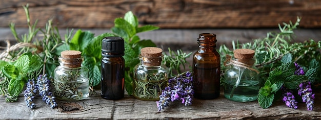 Assortiment de bouteilles d'huiles essentielles avec des herbes fraîches focalisation sélective IA générative