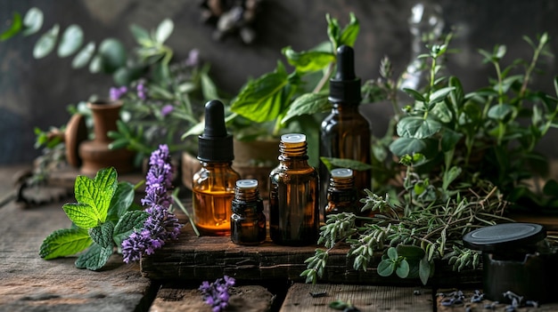 Assortiment de bouteilles d'huiles essentielles avec des herbes fraîches focalisation sélective IA générative