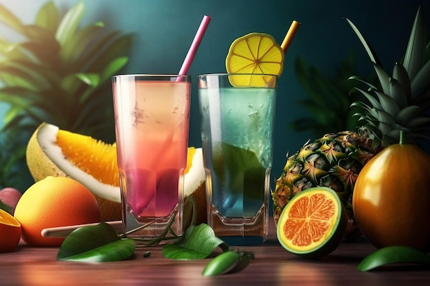 Assortiment de cocktails de fruits et légumes dans un verre en verre sur fond clair Illustration générative de l'IA Ingrédients biologiques frais pour les smoothies