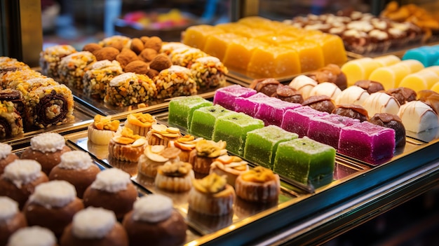 Un assortiment coloré de bonbons du Moyen-Orient exposé dans une boutique de desserts