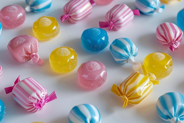 Un assortiment coloré de bonbons emballés sur un fond blanc pour les occasions festives et les goûts sucrés